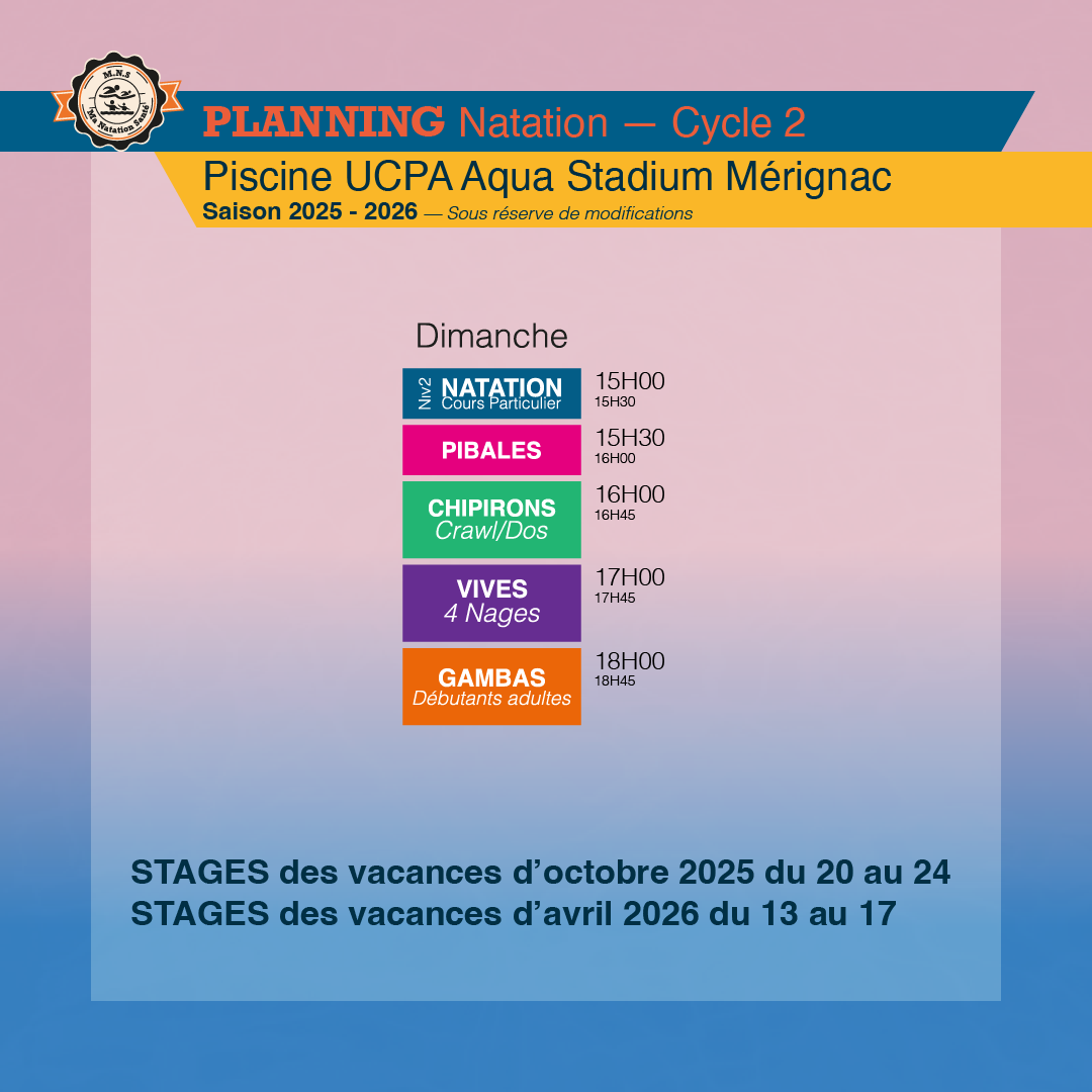 PLANNING 2026 Mérignac UCPA Aqua-Stadium NATATION Cycle 2